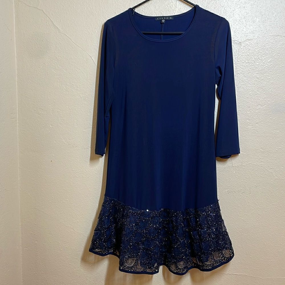 Tiana B Navy Lace/Sequin Flounce Hem Stretch Jersey Drop Waist A-line Dress Navy